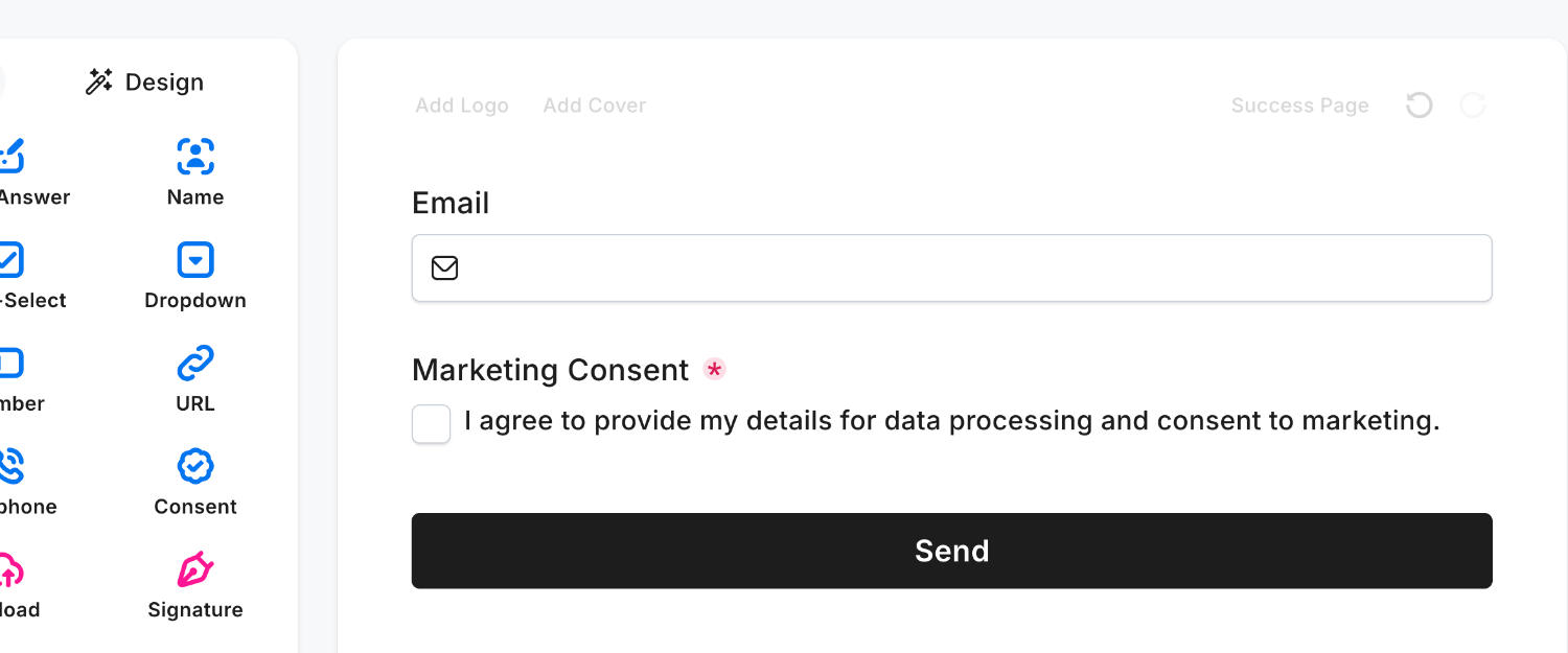 Demonstrating the Consent Field with a short paragraph of text explaining the marketing permissions and opt-in