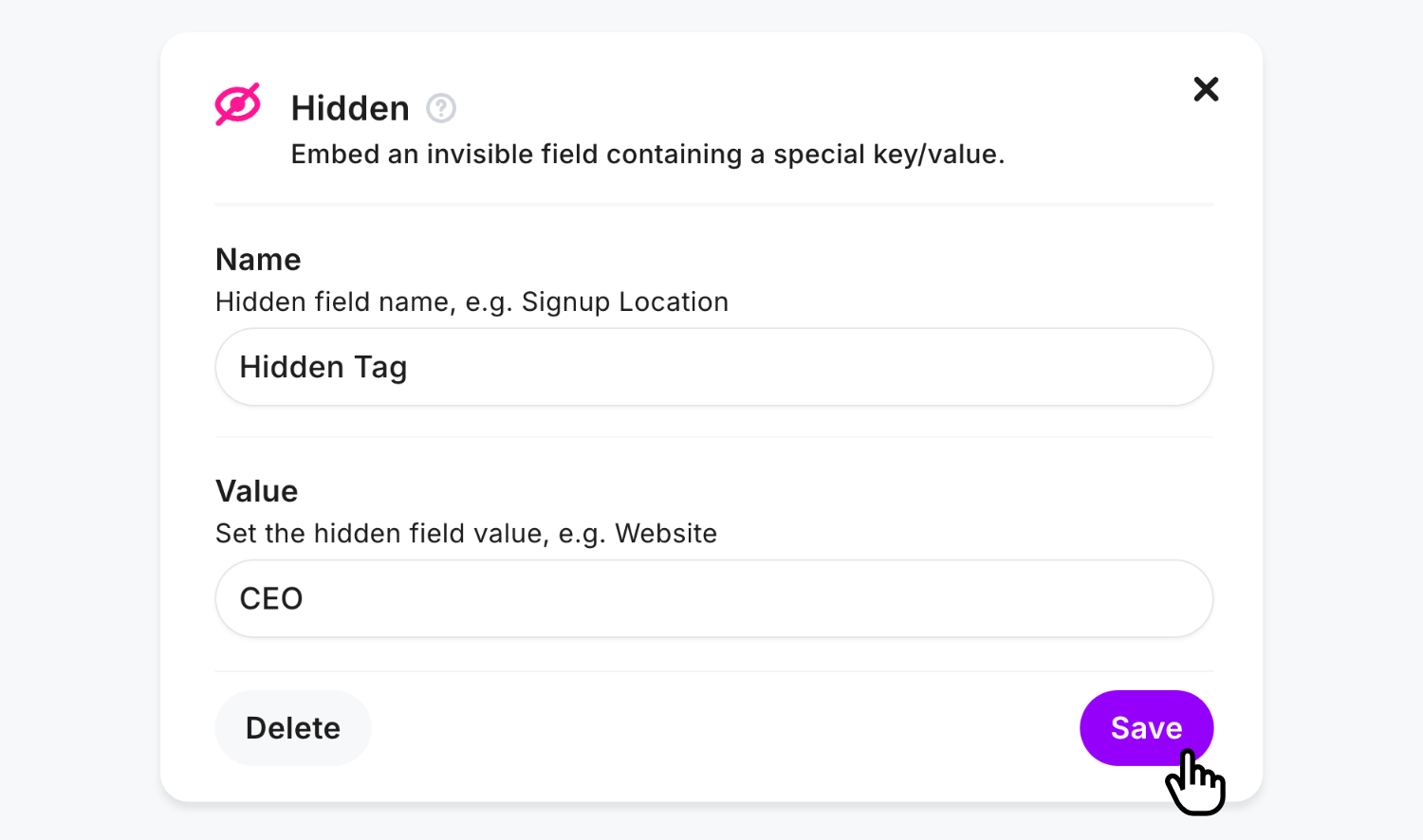 Adding 'CEO' as the value inside the Hidden Field's 'Value' input box