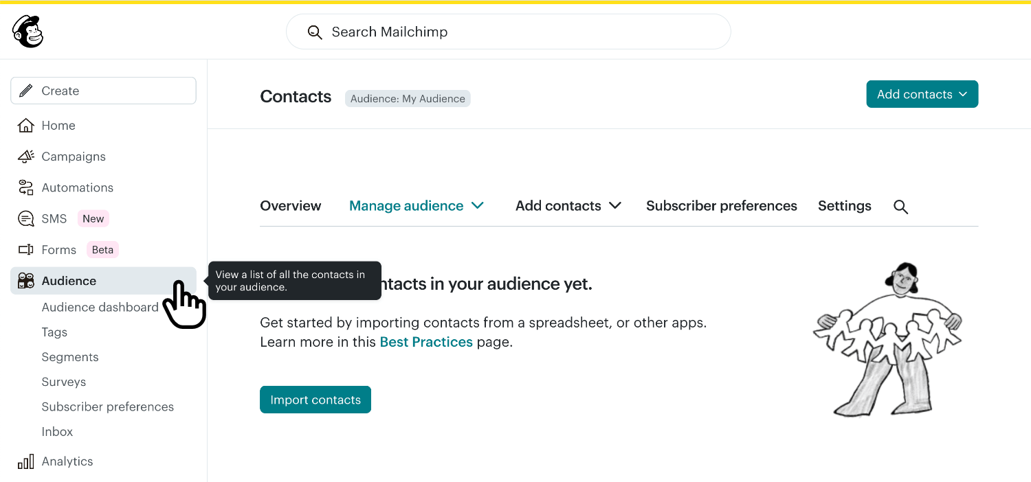 Clicking 'Audience' in the Mailchimp app sidebar