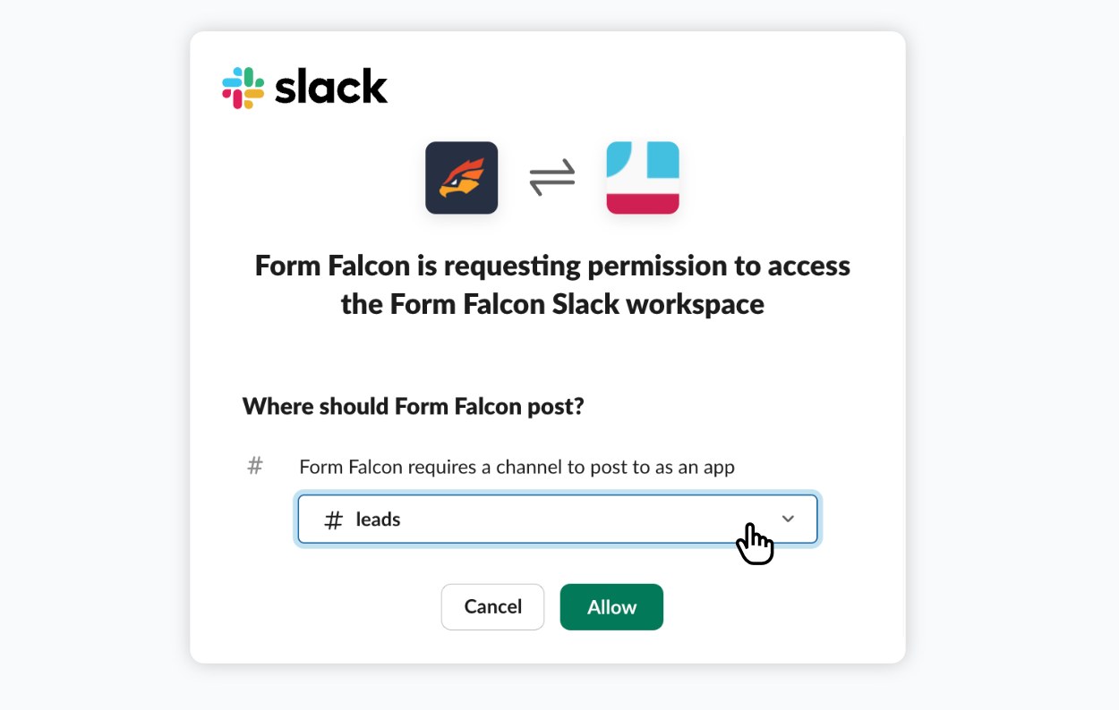 Authorizing and selecting a channel or direct message target inside the Slack app