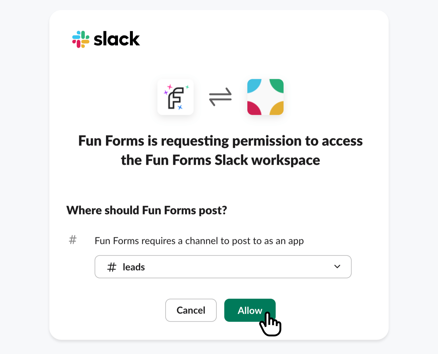 Authorizing and selecting a channel or direct message target inside the Slack app