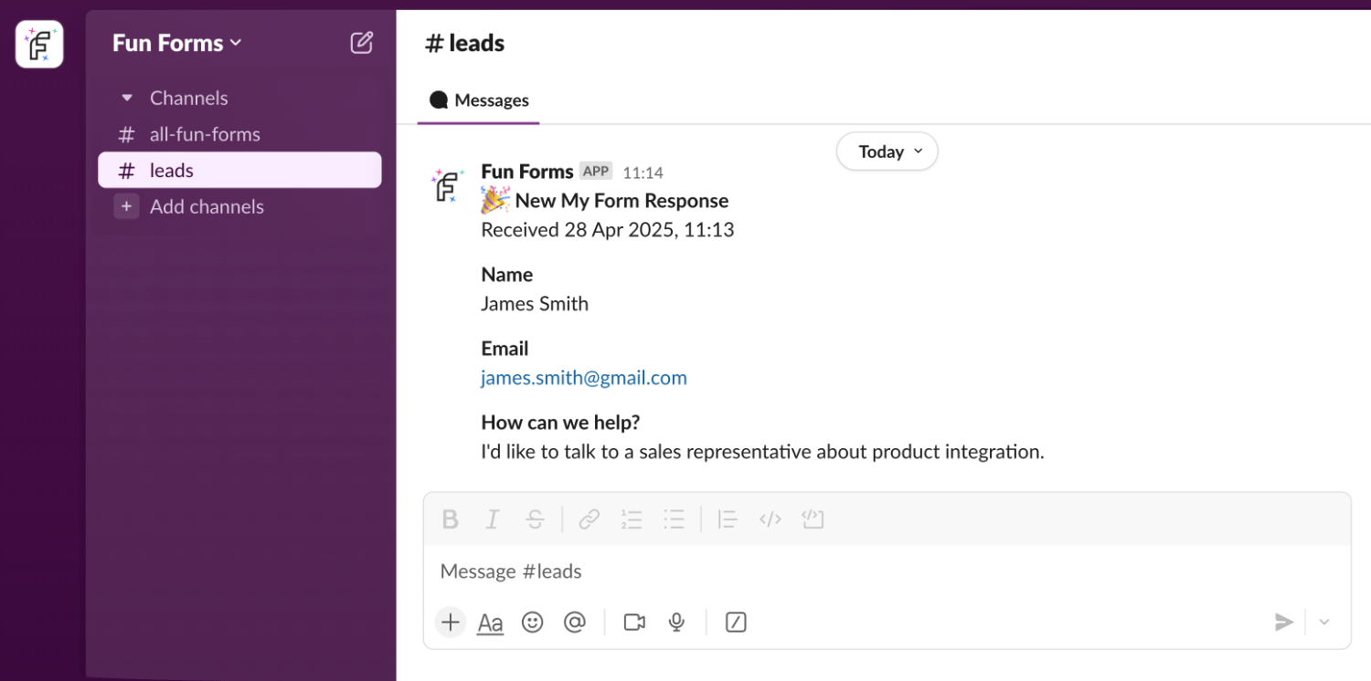 Example form response sent to Slack's app from Fun Forms