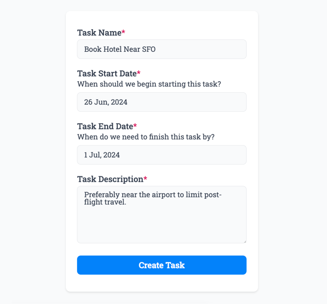 Entering the task name, start and due date into our Trello example form for creating a new task