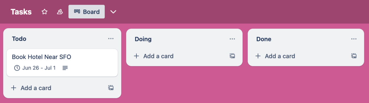 Viewing the newly created Trello card inside the Trello workspace with start and due dates