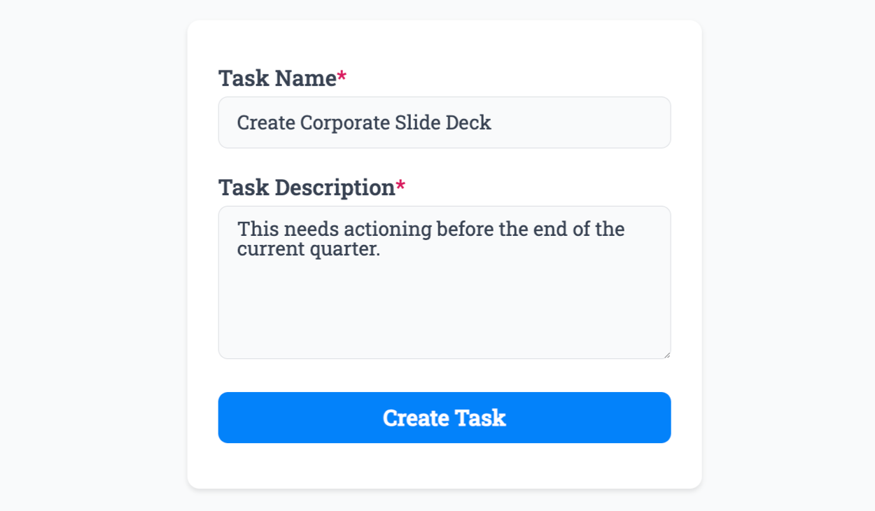 Entering the task name into our Trello example form for creating a new task