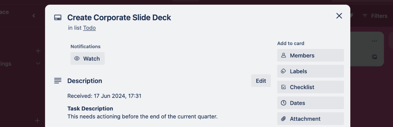 Expanding the Trello card to reveal the rest of the form response