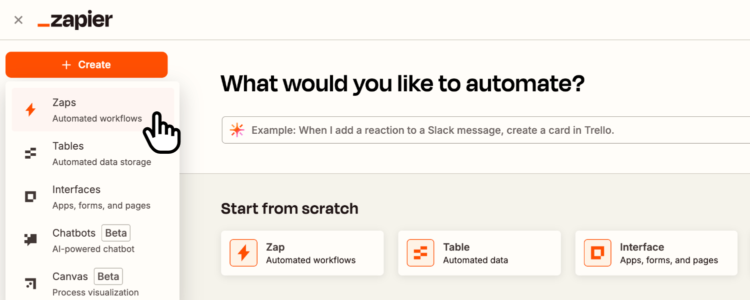 Clicking 'Zaps' in the Zapier app to create a new Zap