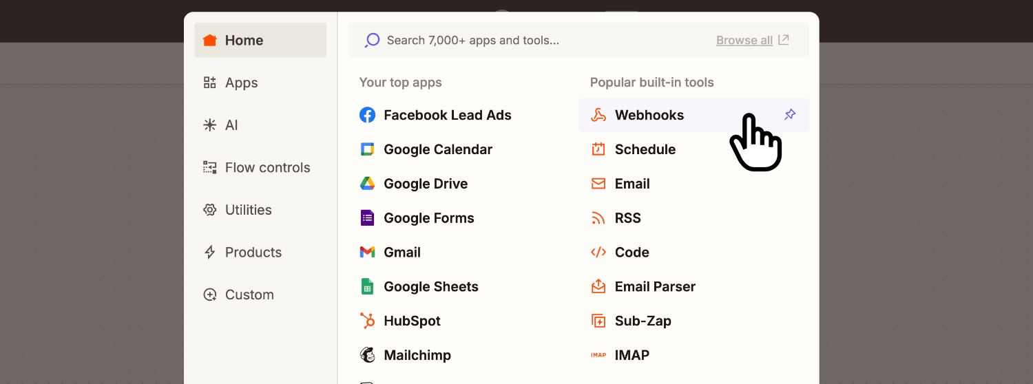 Selecting 'Webhooks' inside Zapier