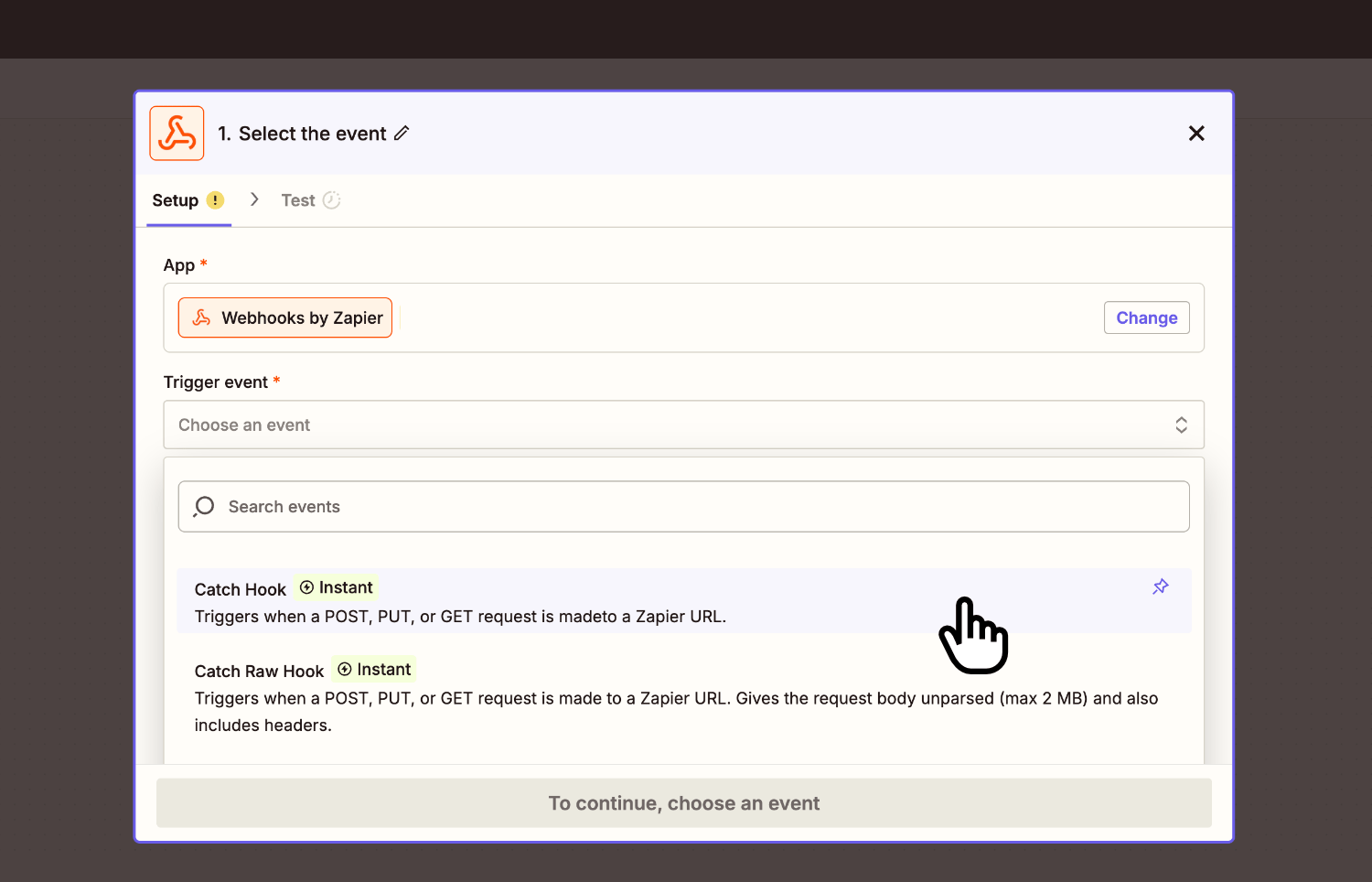 Selecting 'Catch Hook' inside the Zapier app'