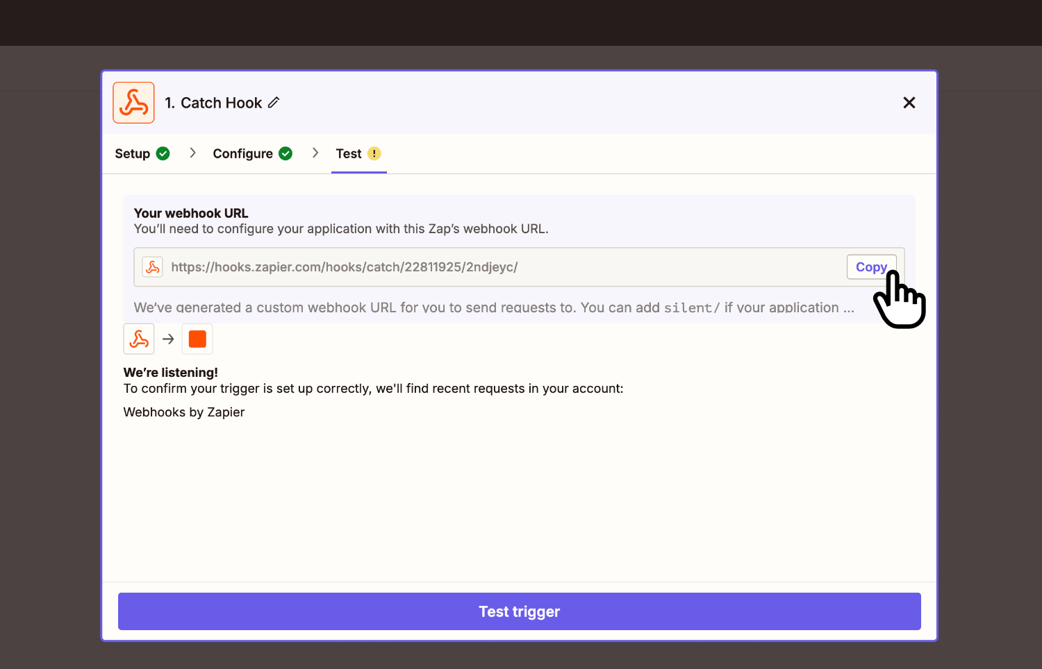 Copying the Zapier webhook URL to clipboard