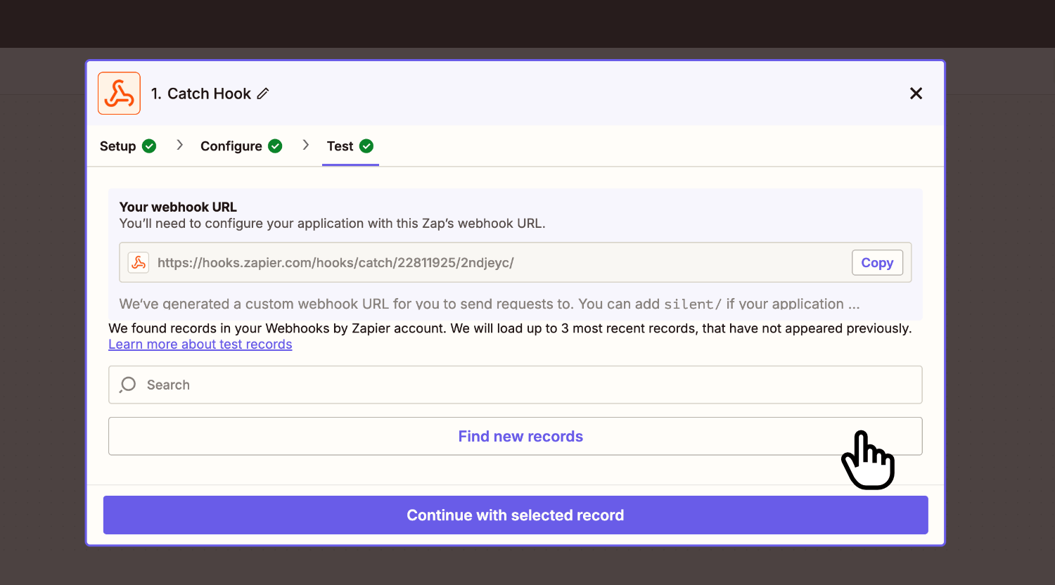 Testing the Zapier connection and viewing new form result data by clicking 'Find new records' in Zapier