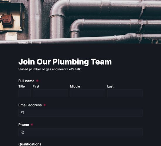 Plumber Job Application Form