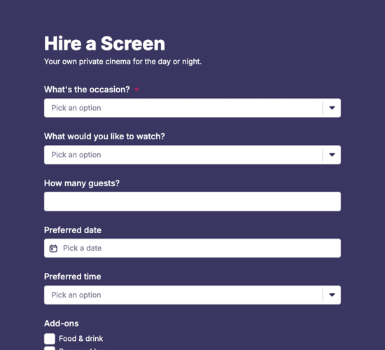 Private Screening Hire Booking Form