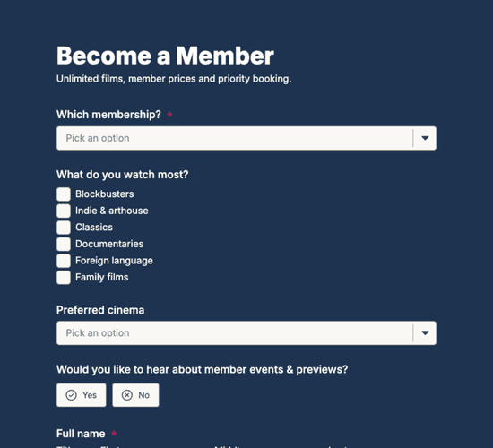Cinema Membership Sign-Up Form