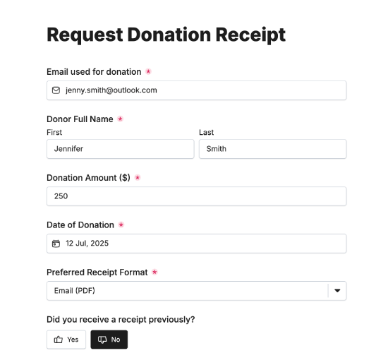 Donation Receipt Request Form