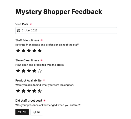 Mystery Shopper Feedback Form