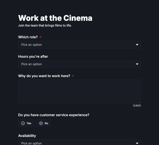 Cinema Staff Job Application Form