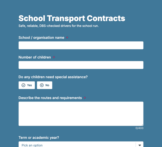 School Run Taxi Contract Inquiry Form