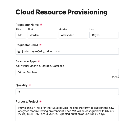 Cloud Resource Provisioning Request Form