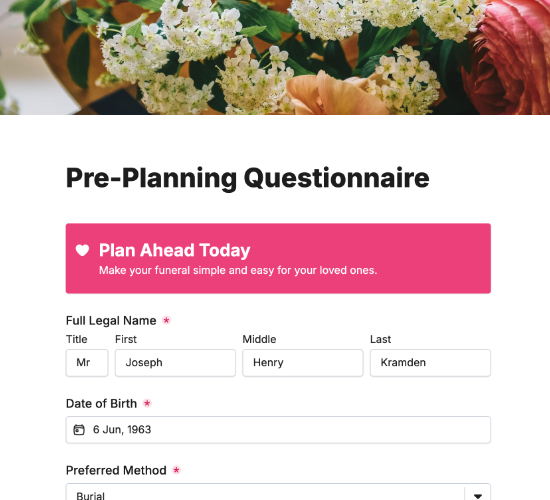 Pre-Planning Questionnaire Form