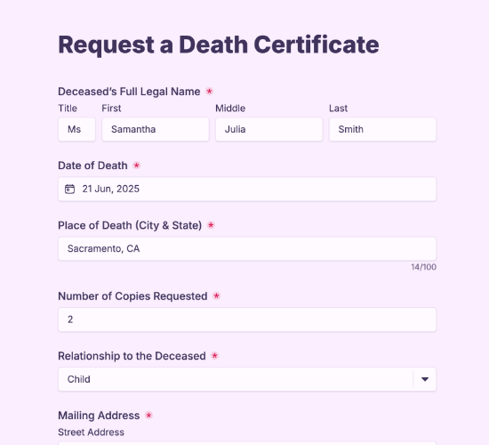 Death Certificate Request Form