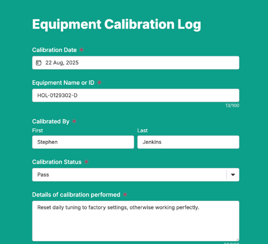 Equipment Calibration Log Form