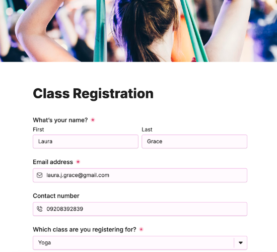 Fitness Class Registration Form