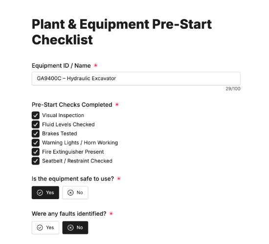 Plant and Equipment Pre-Start Checklist Form
