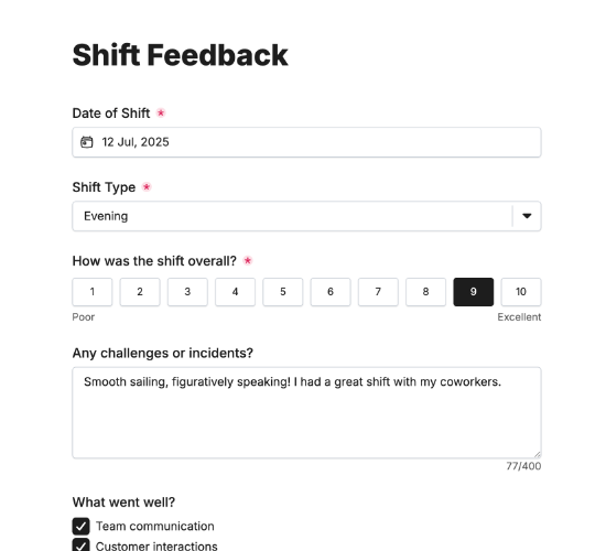 Retail Staff Shift Feedback Form