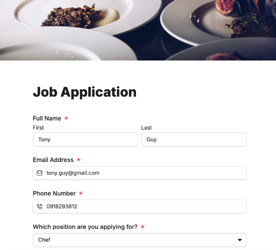 Catering Job Application Form