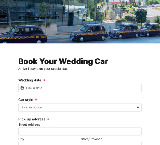 Wedding Car Hire Booking Form