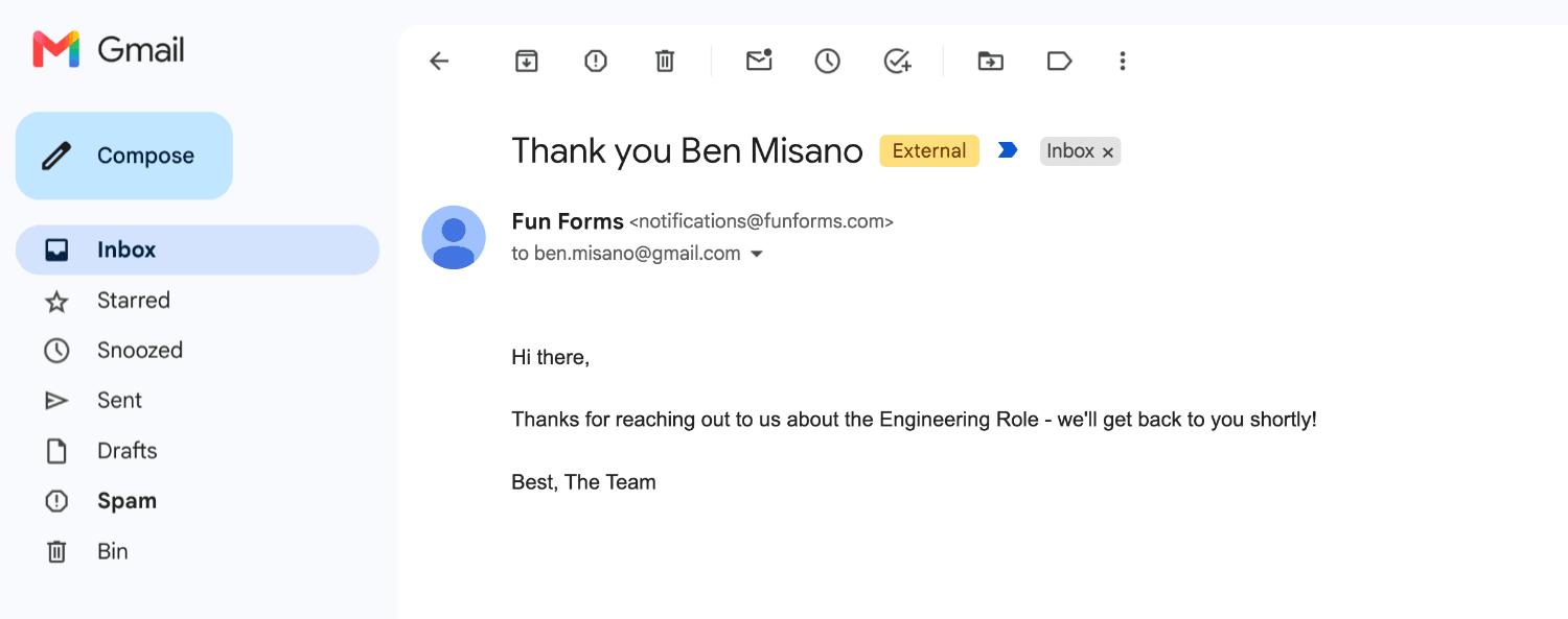 A personalized autoresponder email containing form references from the respondent's submission