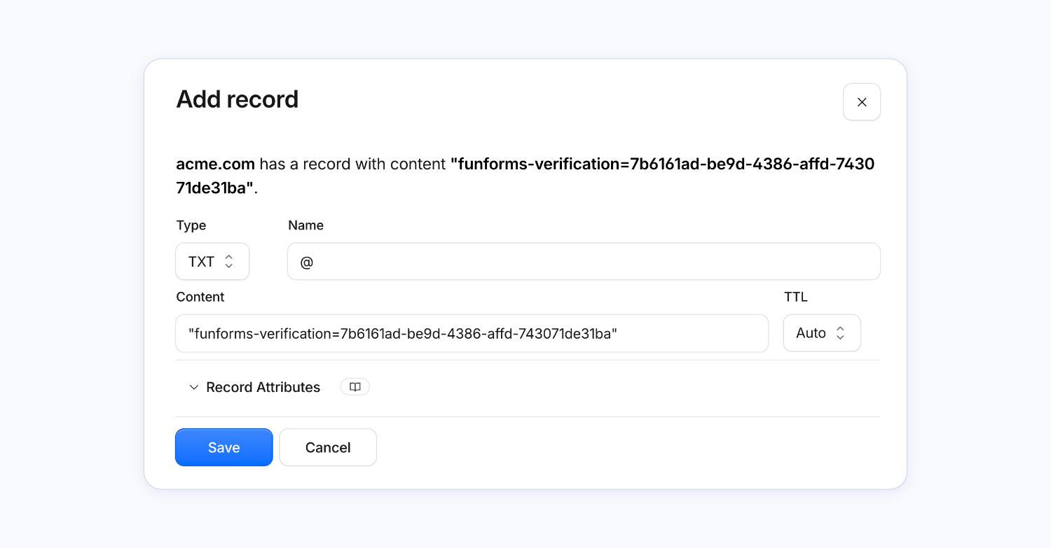 TXT verification DNS record in Fun Forms for adding to your domain DNS settings