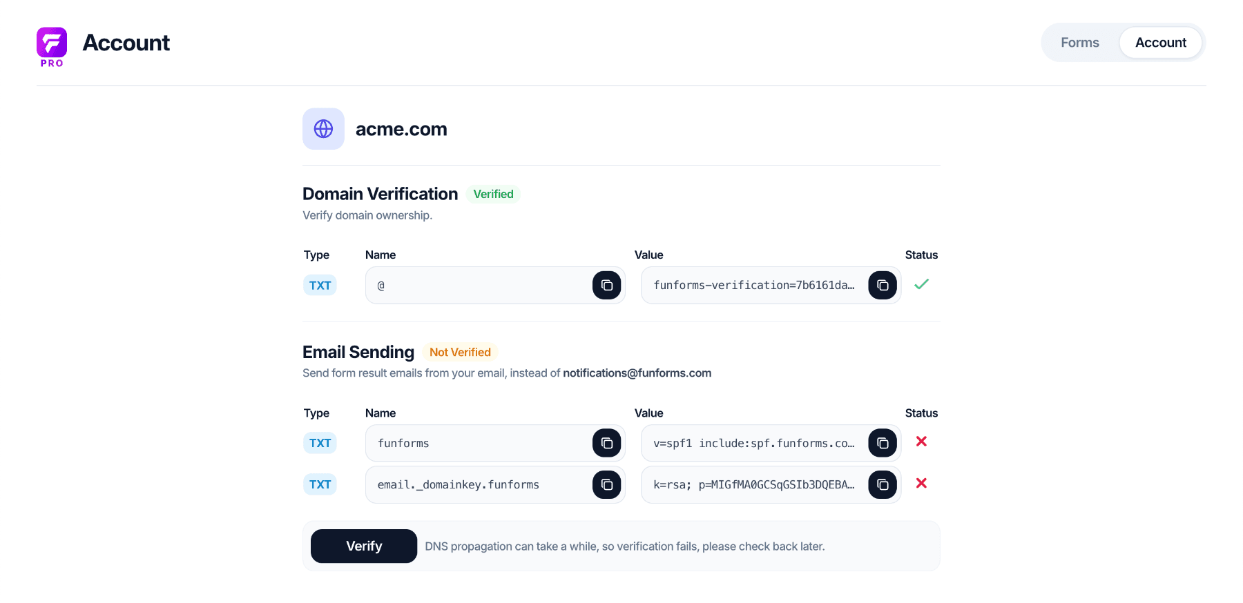 TXT email DNS records in Fun Forms for adding to your domain DNS settings