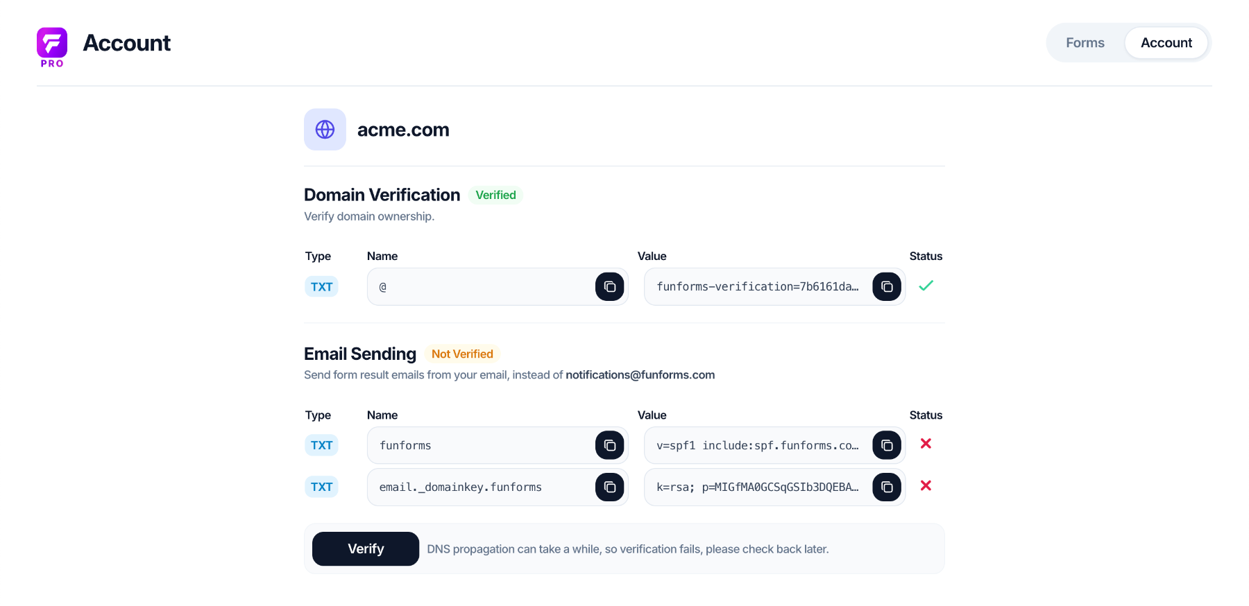TXT email DNS records in Fun Forms for adding to your domain DNS settings