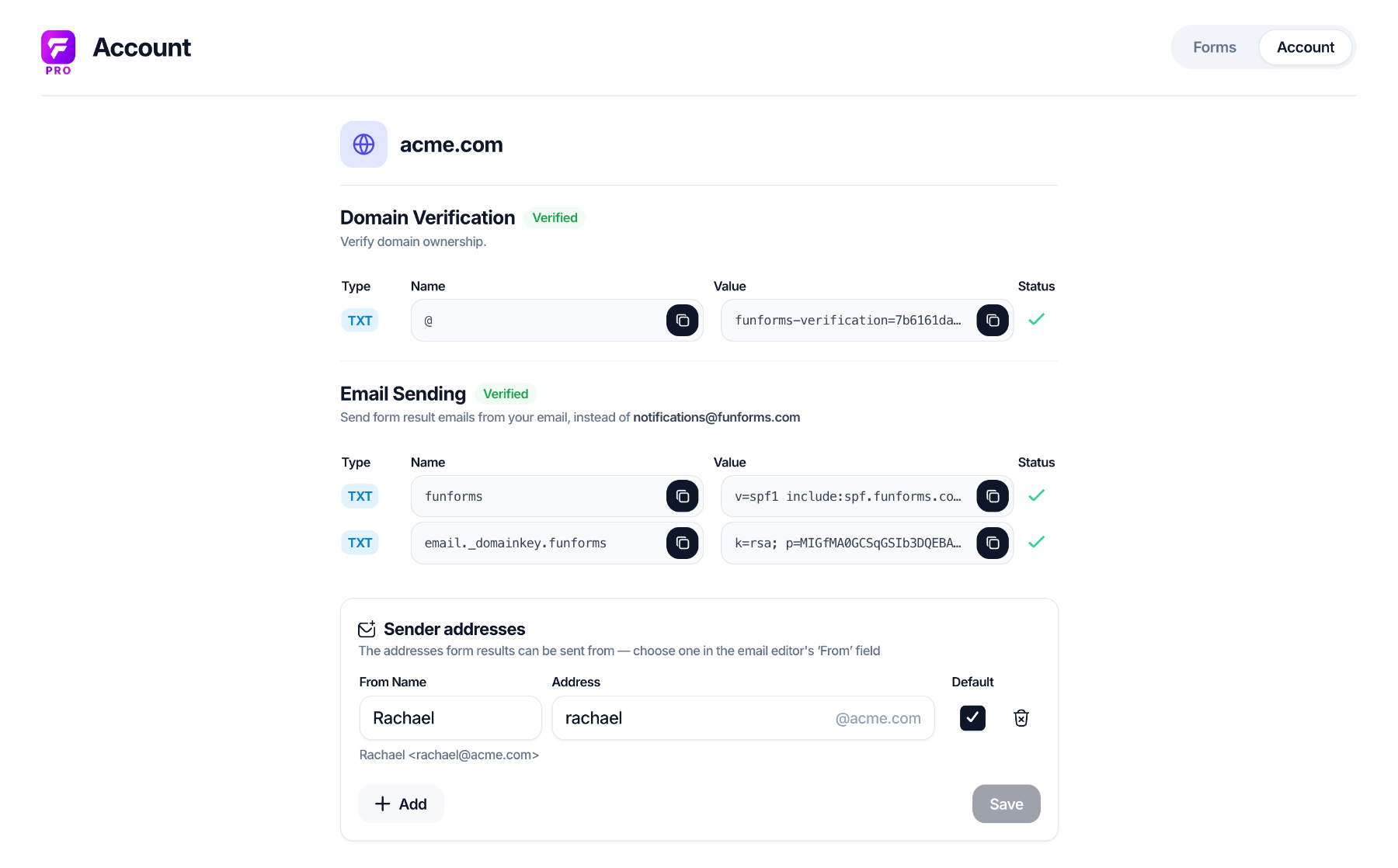 Email Sending verified with Sender addresses available in Fun Forms