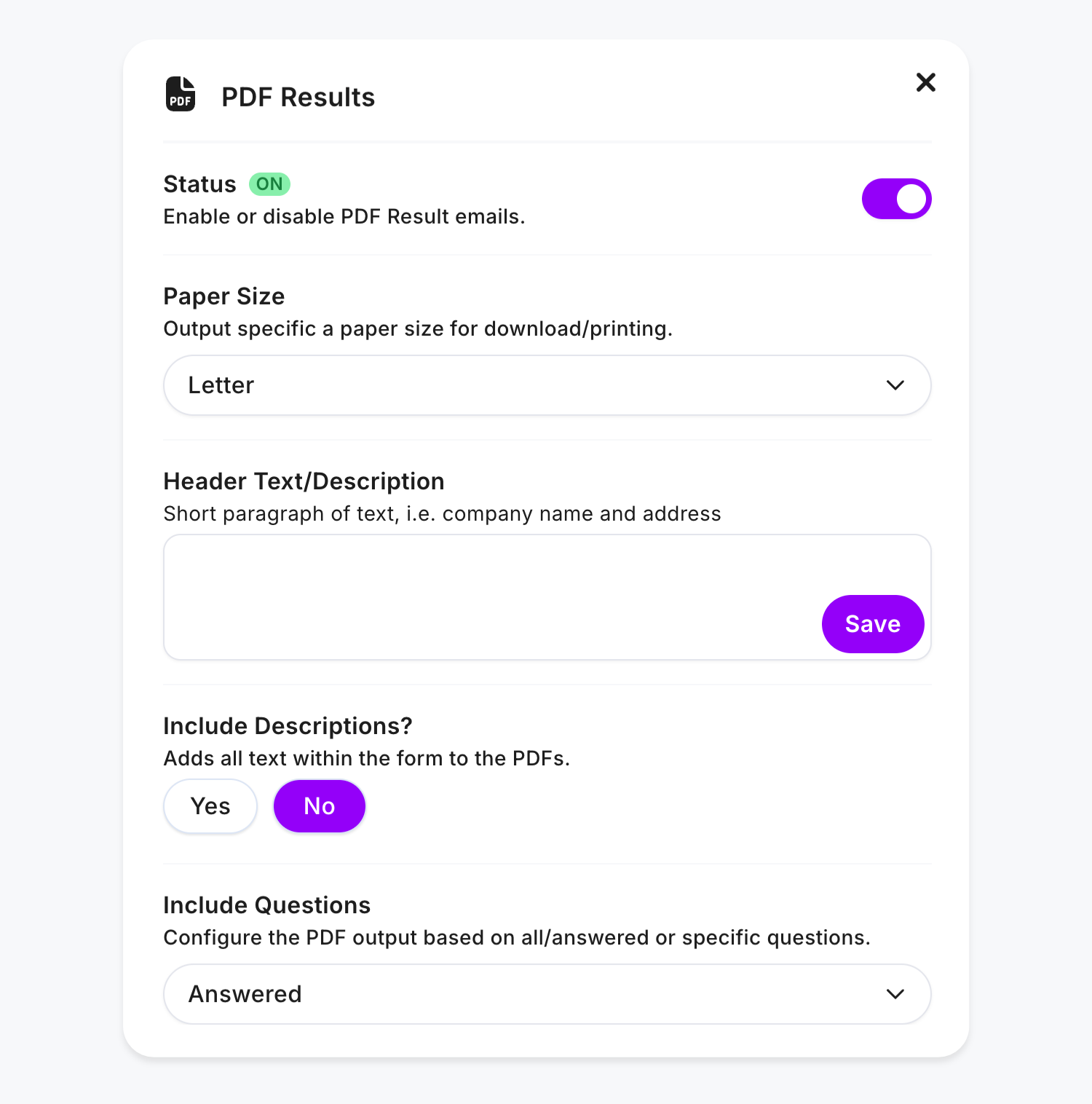 An overview of each PDF Results option in the Fun Forms app