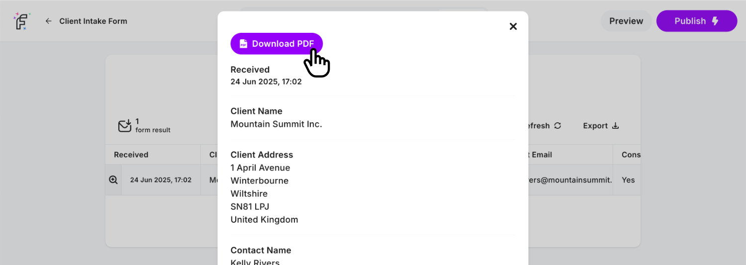 Accessing a single form result and clicking 'Download PDF'