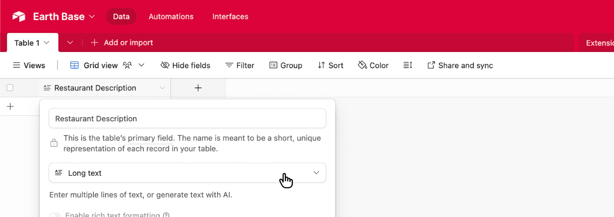 Choosing the Airtable Long text field type