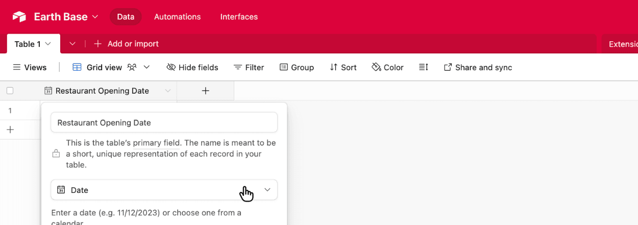 Choosing the Airtable Date field type