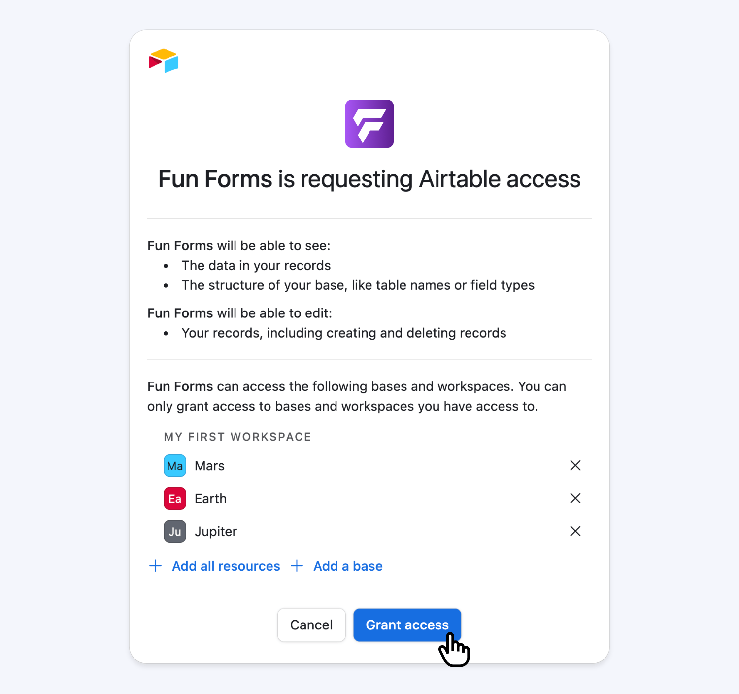 Connect to Airtable Authentication and select your account and bases