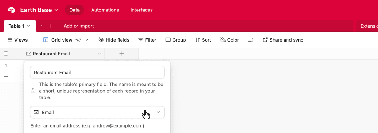 Choosing the Airtable Email field type