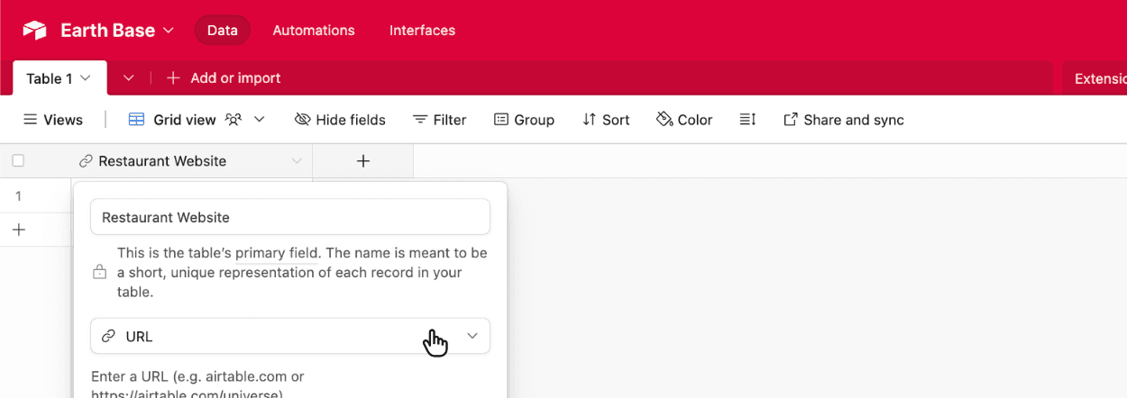 Choosing the Airtable URL field type