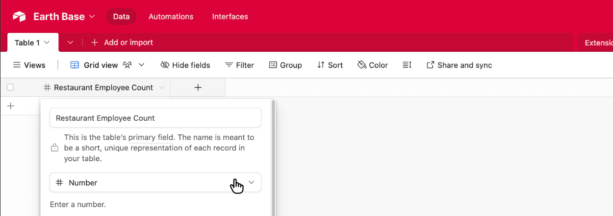 Choosing the Airtable Number field type