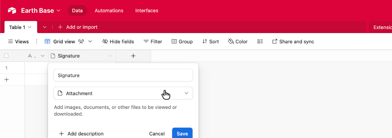 Choosing the Airtable Attachment field type