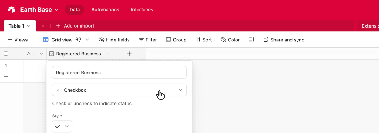 Choosing the Airtable Checkbox field type