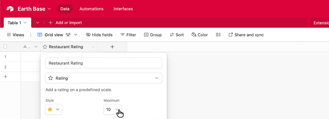 Changing an Airtable Rating field from 5 to 10 stars