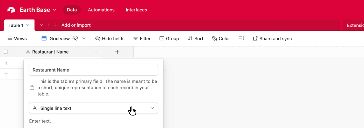 Choosing the Airtable Single line text field type
