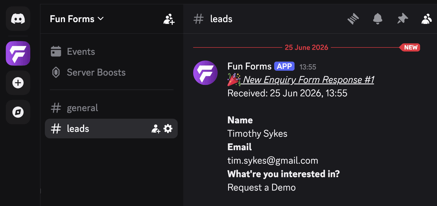 A form result posted to a Discord channel
