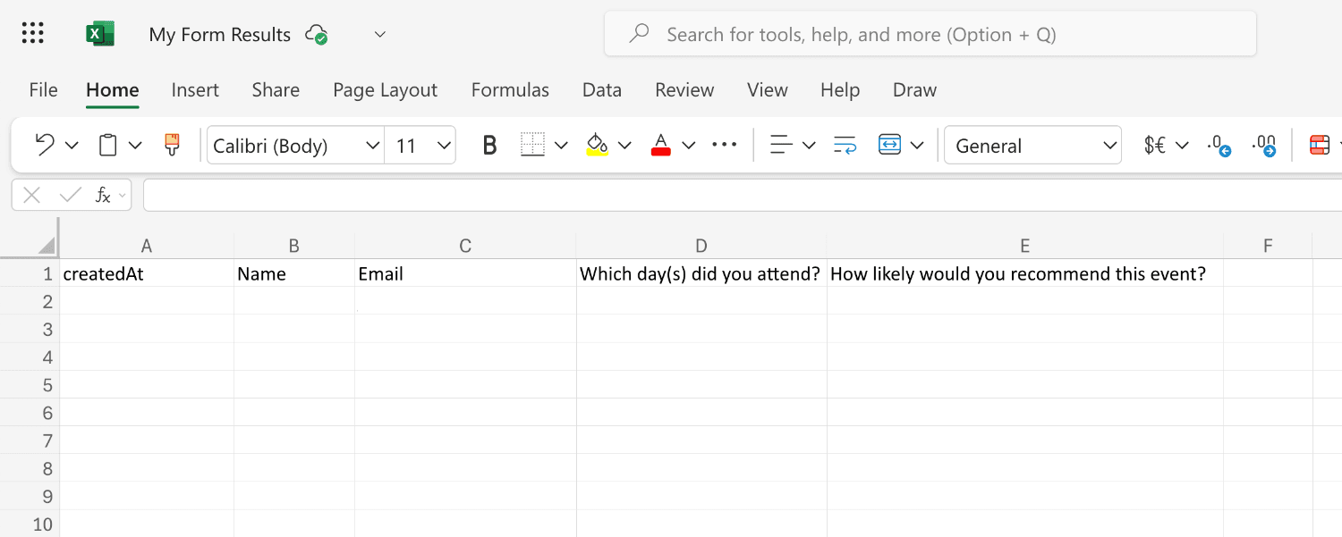 Excel workbook showing form field labels as column titles and a createdAt timestamp